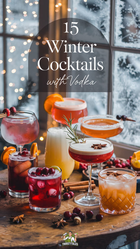 "Discover 15 delicious winter cocktails with vodka perfect for your holiday  celebrations! From festive Christmas party mocktails to big batch  cocktails, these recipes will elevate your gatherings. Enjoy delightful  winter alcoholic drinks for a party, including the refreshing cranberry  fizz cocktail and unique vodka-based Christmas cocktails!" Winter Cocktail Party Food, Best Holiday Drinks Alcohol, Infused Vodka Cocktails, Infused Vodka Recipes Christmas, Christmas Infused Vodka, Holiday Drinks Vodka Christmas, Holiday Drink Bar Ideas, Christmas Beverages Alcoholic Cocktails, Unique Vodka Cocktails