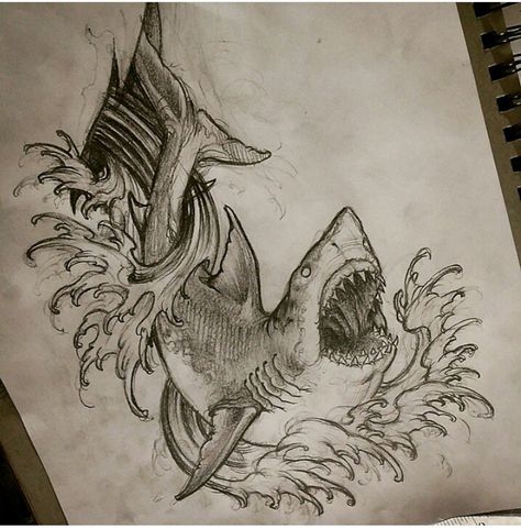 Shark tattoo Shark Half Sleeve Tattoo, Japanese Style Shark Tattoo, Neo Trad Shark Tattoo, Scary Shark Tattoo, Dark Shark Tattoo, Scary Shark Drawing, Shark Drawing Tattoo, Shark Tattoo Drawing, Country Boy Tattoos