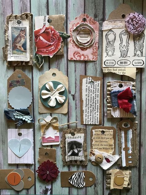 junk journal embellishments Junk Journal Embellishments, Junk Journal Tags, Artist Trading Card, Journal Embellishments, Journal Tags, Embellishment Diy, Tag Ideas, Card Embellishments, Scrapbook Tag