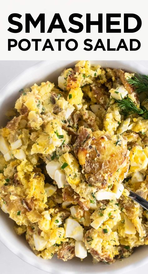 This savory herb smashed potato salad is spiced just right, packed full of crispy baby potatoes and tossed in an incredibly flavorful buttermilk dressing. It's a delicious side dish for BBQs, picnics and a recipe that family and guests will love! #potatosalad #potatosaladrecipe #delicious #summer #spring #smashedpotatoes #potatosaladeasy #sidedish Smashed Potato Salad Recipe, Crispy Baby Potatoes, Smashed Potato Salad, Herbed Potato Salad, Best Potato Salad Recipe, Homemade Potato Salads, Buttermilk Dressing, Bbq Side Dishes, Easy Potato Salad