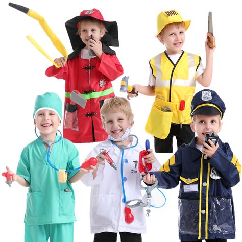 TOPTIE 5 Sets Role Play Costume for Kids Doctor Surgeon Policeman Fire Chief Engineer with Accessories Mechanic Costume, Halloween Kids Costumes, Engineer Costume, Police Officer Costume, Kids Role Play, Fancy Dress Competition, Army Men Toys, Flower Crafts Kids, Pretend Play Costumes