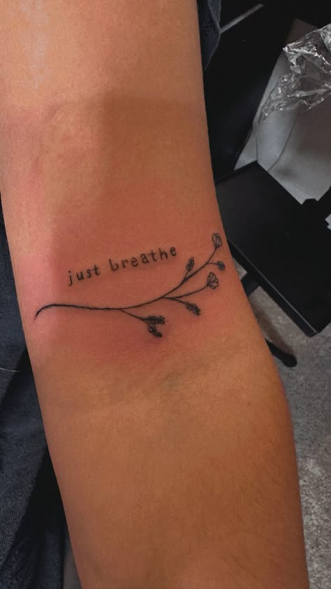 Semi-colon Tattoo Just Breathe, Just Keep Breathing Tattoo, Still Breathing Tattoo, Navratri Tattoo, Just Breathe Tattoos For Women, Word Tattoo Placements, Breathe Tattoos, Just Breathe Tattoo, Arm Wrap Tattoo