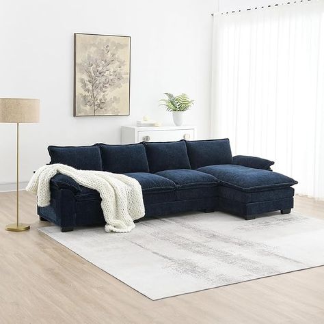 Amazon.com: ODUWA Convertible Sectional Sofa Couch,118" Modern L-Shaped Cloud Sofa with Double Chaise and Cushions,5-Seat Upholstered Chenille Sofa Furniture,Sleeper Sofa Couch for Living Room,Apartment : Home & Kitchen Blue Leather Sofa Living Room Ideas, Couch With Blue Pillows, Navy Blue Sectional Living Room Ideas, Boho Living Room Blue Couch, Midnight Blue Living Room, Chenille Chaise, Navy Blue Couch Living Room, Navy Couch Living Room, Indigo Living Room