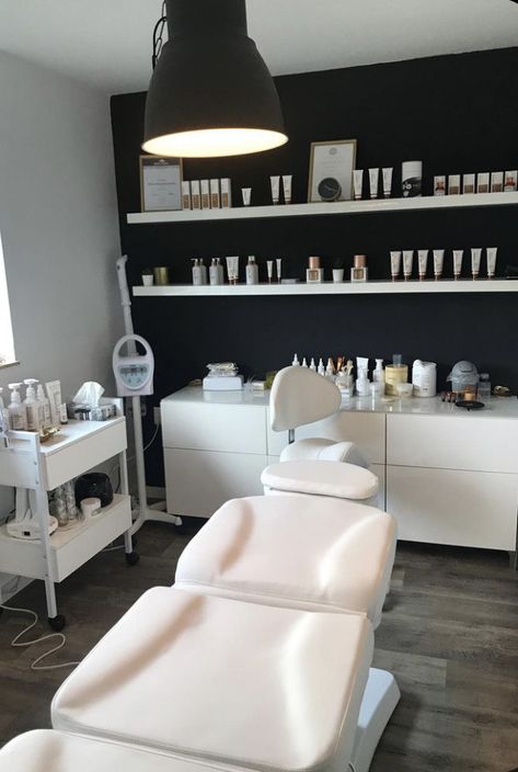 Beautition Salon, Facial Machine Salon Equipment, Dream Esthetician Room, Spa Decor Ideas Estheticians Luxe, Esthetician Room Decor Modern, Black Accent Wall Lash Room, Pmu Work Station, Esthetician Shelves, Black Spa Room Ideas Estheticians