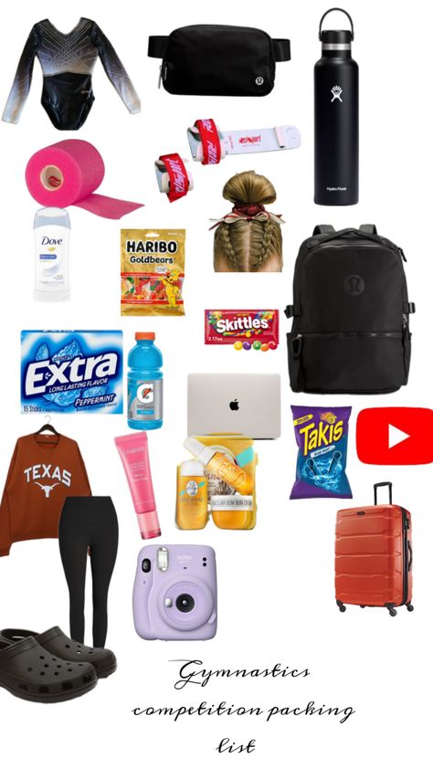 This was made to make a list of what to bring on a gymnastics competition Gymnastics Bag Essentials, Sports Bag Essentials, Gymnastics Things, Gymnastics Meet, Gymnastics Bags, Gymnastics Competition, Make A List, Lilly Pulitzer Outfits, Bag Essentials