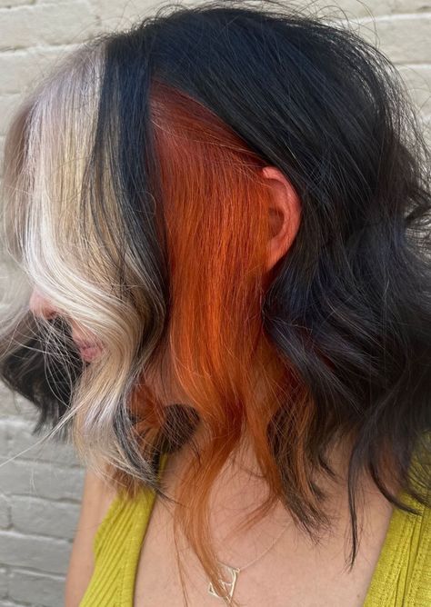 Long Bob Peekaboo Color, Fun Hair Color Placement, Hair Color Mapping, Color Money Piece Hair Blonde, Color Block Hair Sectioning, Short Calico Hair Dye, Pink And Black Hair With Bangs, Colorblock Hair Short, Color Block Mullet