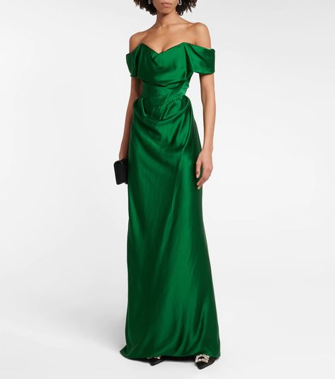 Draped off-shoulder gown Wedding Welcome Drinks, Vivienne Westwood Shop, Vintage Vivienne Westwood, Monaco Princess, Vivienne Westwood Dress, Formal Clothes, Off Shoulder Gown, Boned Corsets, Satin Pumps