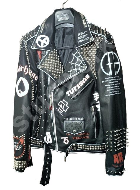 80s Punk Jacket, Guitarist Style, Spiked Leather Jacket, Metalhead Fashion, Punk Leather Jacket, Johnny Edlind, Handmade Patches, Metal Outfit, Punk Style Outfits