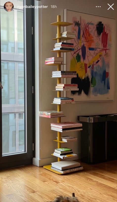 Apartment Aesthetic Bookshelf, Fun Book Shelves, Story Bookshelf Dwr, Cool Book Storage, Artsy Bookshelves, Weird Bookshelves, Sculptural Bookshelf, Quirky Bookshelves, Fun Bookshelves