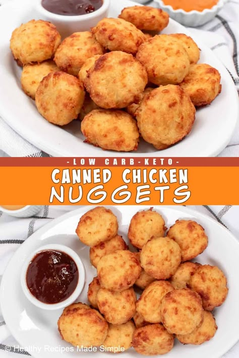 Our easy and crispy Keto Chicken Nuggets are a delicious low carb meal! Made with canned chicken, these nuggets can be easily made in an air fryer or oven. Packed with protein and a golden brown crunch, they make a fantastic lunch, dinner, or appetizer. Satisfy your fast food cravings without breaking your meal plan. Keto Canned Chicken Nuggets, Canned Chicken Nuggets, Homemade Nuggets, Using Canned Chicken, Air Fried Chicken Nuggets, Keto Chicken Nuggets, Healthy Chicken Nuggets, Chicken Nuggets Recipe, Homemade Chicken Nuggets