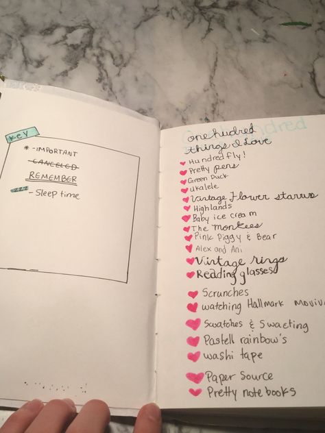 The first page has my key and the beginning of a 101 things I LOVE spread! How To Design First Page Of Diary, Things I Adore Journal Page, What Should I Write On First Page Of My Diary, First Page Of Bullet Journal, Dear Diary Writing First Page, Journaling Inspiration, The Monkees, Journal Diary, Things I Love