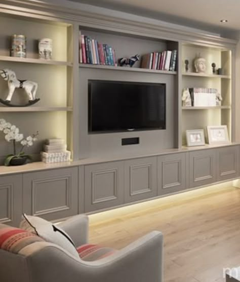 Crown Molding Tv Wall, Tv Built In Shelves, Living Room Wall Units Built Ins, Media Wall In Kitchen, Entertainment Wall Ideas Living Room, Granny Interior, Lounge Tv Wall, Wall Units Living Room Built Ins, Wall Entertainment Center Ideas