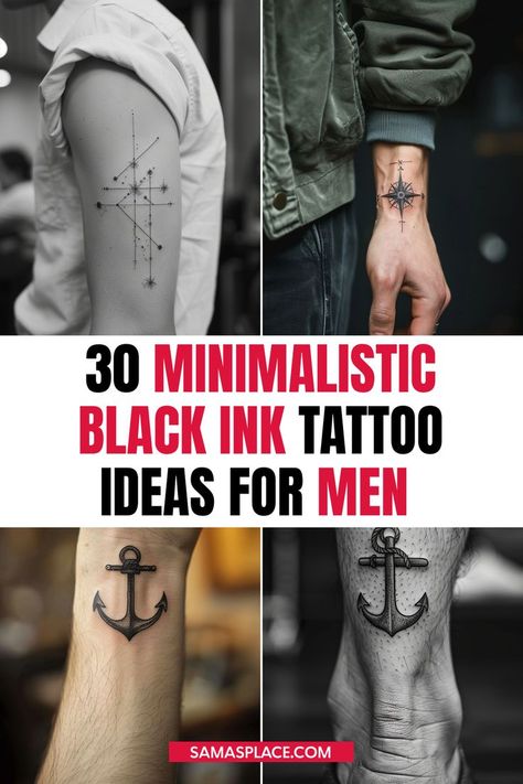 Minimalistic black ink tattoo ideas for men with bold, simple designs. Black Ink Tattoo Ideas, Ink Tattoo Ideas, Black Ink Tattoo, Small Symbols, All Black Tattoos, Minimalist Men, Tattoo Ideas For Men, Modern Tattoos, Line Work Tattoo