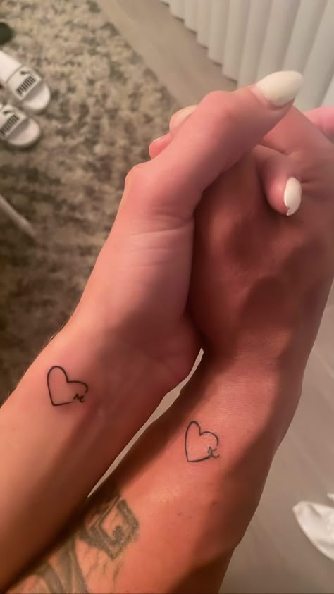 Girlfriends Matching Tattoos, Matching Small Couple Tattoos, Matching Tattoos To Get With Your Boyfriend, Guy Tattoos For Girlfriend, Matching Tattoos Initials, Matching Neck Tattoos Couples, Matching Heart Tattoos Couple, Interlocked Heart Tattoo, Partner Matching Tattoos