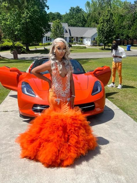 Orange Prom Decorations, Yellow Prom Ideas, Orange Prom Dress With Date, Bright Orange Prom Dress, Prom Dresses Orange, Ugly Prom Dress, Orange Mermaid Prom Dress, Orange Prom Dress, Orange Dress Wedding