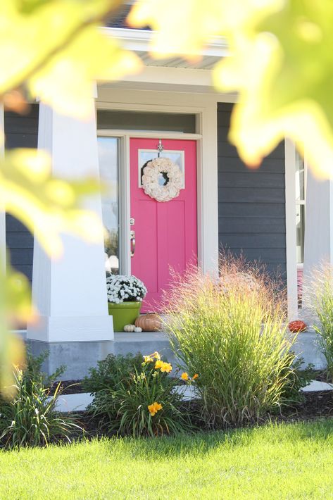 The Pink Door- Eros Pink by Sherwin Williams • Tessie Fay Pink Doors, Red Brick House Exterior, Red Brick Exteriors, Pink Front Door, Grey Siding, Gray House Exterior, Exterior Color Palette, House Colours, Gray House