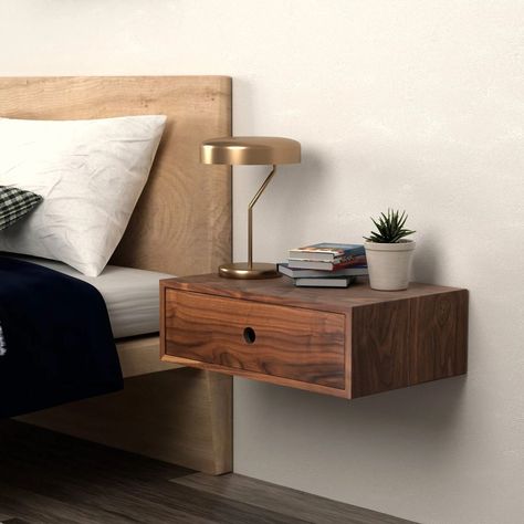 @etsy on Instagram: “Made from solid wood, comes in four sizes, and happens to be on sale. Did a nightstand just make our dreams come true? Yes. Yes, it did.…” Built In Bedside Tables, Floating Side Tables Bedroom, Floating Night Stands, Mid Century Modern Bedside Table, Floating Side Table, Modern Floating Nightstand, Walnut Nightstand, Staining Cabinets, Прикроватные Тумбочки