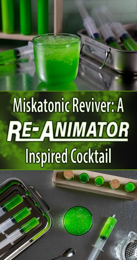 Continuing their preparations for Shudder's The Last Drive-In, The Geeks have created a cocktail called the Miskatonic Reviver inspired by the 80's horror cult classic Re-Animator starring Jeffery Combs! 2geekswhoeat.com #ReAnimator #Cocktail Recipes #UVCocktails #HorrorRecipes #HorrorFood #Halloween #MovieNight Horror Movie Inspired Recipes, Horror Movie Themed Drinks, Horror Themed Drinks, Horror Movie Drinks, Cocktails Inspired By Movies, Horror Movie Inspired Cocktails, Halloween Alcohol, Desert Drinks, Re Animator