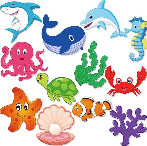 Colorful Sea Animals, Animals Day Decoration In School, Sea Animal Cutouts, Ocean Theme For Classroom, Fish Classroom Theme, Sea Classroom Decorations, Ocean Decorations For The Classroom, Sea Animals Clipart, Ocean Bulletin Board