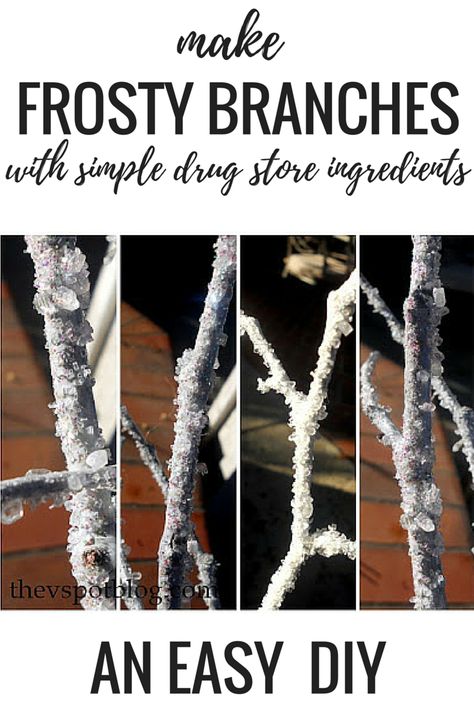 DIY FROSTY BRANCHES using simple drug store ingredients Schnee Party, Winter Wonderland Decorations, Christmas Branches, Front Porch Christmas Decor, 3d Christmas, After Christmas, Winter Crafts, Christmas Centerpieces, Xmas Crafts