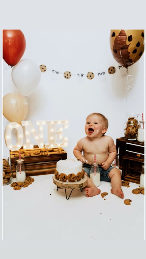 Food Smash First Birthday, Milk And Cookies First Birthday Photoshoot, Milk And Cookies Cake Smash, Smash Cake Photoshoot Ideas, Steak Smash First Birthday, Cookie Smash Cake, First Birthday Boy Smash Cake, First Birthday Smash Cake Photoshoot, First Birthday Boy Photoshoot