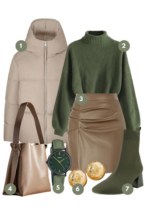 Step into the season with this elegantly curated collection that marries the rich, earthy tones of olive green with the soft, comforting hues of tan. The ensemble features a cozy, ribbed olive green turtleneck, perfect for those crisp days, and is paired with a sleek tan leather skirt, blending sophistication with a touch of edginess. To stay warm, a light beige puffer jacket adds a layer of chic insulation. Olive Green Skirt Winter Outfit, Olive Winter Outfit, Olive Green Autumn Outfit, Olive Green Outfits Female, Olive Skirt Outfit, Olive Green Outfits For Women, Olive Outfit, Olive Clothing Skirt, Olive Green Knit Sweater