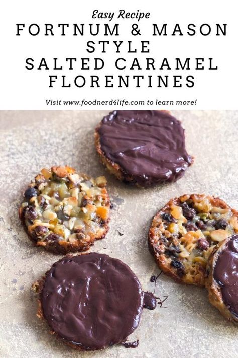 Fortnum & Mason Style Salted Caramel Florentines Recipe Pin Mixed Peel Recipes, Florentine Cookies Recipe, Florentine Cookies, Stem Ginger, Florentines Recipe, Lace Cookies, Visiting London, Xmas Treats, Sweet Bites