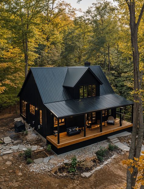 Autumn's Best-Kept Secret Dark Cabin Aesthetic, Small Modern Cabin Interior, Cabin Aesthetic Interiors, Black Cabins, Modern Cabin Exterior, Dark Cabin, Small Mountain Cabin, Aesthetic Cabin, Woodsy Cabin