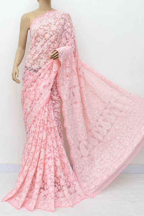 Peach Hand Embroidered Lucknowi Chikankari Saree with Allover Mukaish (Georgette-With Blouse) 14959 Lucknowi Chikankari Saree, Chicken Kari, Mukaish Work, Chikankari Saree, Net Sarees, Tussar Silk Sarees, Lucknowi Chikankari, Half Sarees, Handbags For School