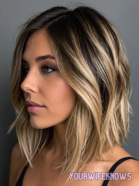 33 Trendsetting Ombre and Balayage Styles for Every Shade of Blonde Lob Bronde Balayage, Caramel Brown Ombre Hair, Medium Length Balayage Hair, Blonde Bayalage On Brown Hair, Blonde Highlights With Dark Roots, Shoulder Length Blonde Bob, Ombre With Highlights, Root Melt Blonde, Ombré Bob