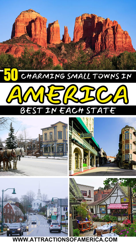 50 charming small towns in America best in each State. Best Small Towns In America To Visit, 50 States Travel, Mountain Getaway, Us Destinations, Scenic Beauty, Coastal Towns, Great Smoky Mountains, 50 States, Tourist Destinations