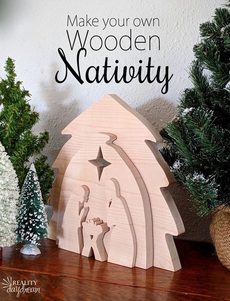 Learn how to make this DIY Wooden Nativity as a puzzle or holiday decor using your scroll saw! #Christmas {Reality Daydream} Nativity Pattern, Wooden Nativity Scene, Wooden Crib, Wooden Nativity Sets, Wooden Nativity, Diy Nativity, Scroll Saw Patterns Free, Scroll Saw Pattern, Christmas Village Houses