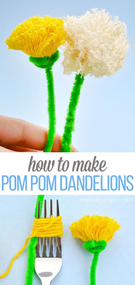 Pom Pom Dandelions | How to Make a Pom Pom Flower (With a Fork!) Pom Pom Dandelion, Preschool Dandelion Crafts, Yarn Pom Pom Animals, Easy Yarn Flowers, Dandelion Craft For Kids, Dandelion Crafts, Crafts With Pipe Cleaners, Dandelion Craft, Childcare Crafts