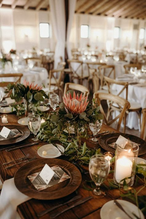 Abigail and Jeremy's Indiana wedding was inspired by the Protea- Abigail's favorite flower.  Photo: @sarahkriner Protea Wedding Table Decor, Dream Reception, Protea Wedding, Safari Wedding, Pronovias Bridal, Wedding Post, Pronovias Wedding Dress, White Willow, Indiana Wedding