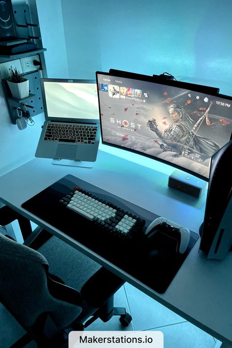 Blue Gaming Setup Gaming Chair Ideas, Gamer Room Setup, Desk Setup Office, Room Ideas Gamer, Desk Setup Workspace, Gamer Desk Setup, Dream Desk Setup, Desk Setup Gaming, Home Office Desk Setup