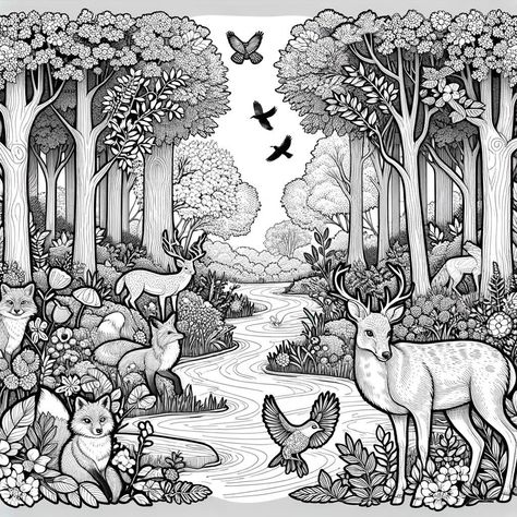 Discover the beauty and tranquility of nature with our collection of black and white line illustrations featuring serene forest scenes. Each page showcases a variety of wildlife, including deer, foxes, and birds, surrounded by lush trees, blooming flowers, and flowing streams. These slightly detailed designs capture the essence of a peaceful forest, providing an engaging and relaxing coloring experience for enthusiasts of all ages. Animals In Nature Drawings, Fairy Forest Coloring Pages, Drawing Of A Forest, Nature And Wildlife Drawings, Animals In Forest, Lake Coloring Pages, Wildlife Coloring Pages, Birds Coloring Pages, Forest Mandala