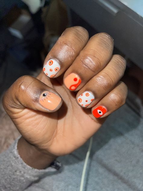 Orange Evil Eye Nails, Orange Evil Eye, Ying Yang Nails, Evil Eye Nails, Eye Nails, Orange Nails, Simple Nail Designs, Ying Yang, Funky Nails