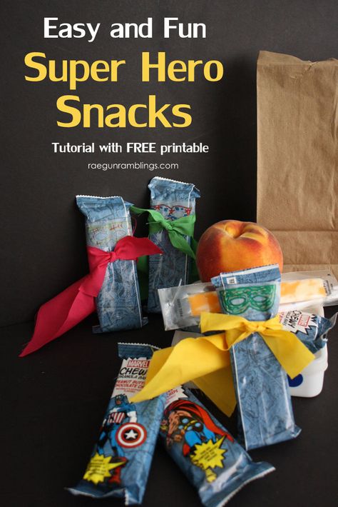 Cute and easy Super Hero snack. Fun activity for school lunches with free printable Lunch Hero Day Ideas, Super Hero Snacks, Superhero Snacks For School, Super Hero Themed Snacks, School Lunch Hero Day, Hero Hotline Vbs Snacks, Superhero Summer Camp Activities, Superhero Treats, Superhero Snacks