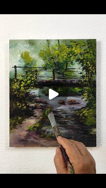 Stream Bridge, Stream Landscape, River Stream, Painted Hills, Landscape Paintings Acrylic, Acrylic On Paper, Acrylic Art, Landscape Painting, Painting Acrylic