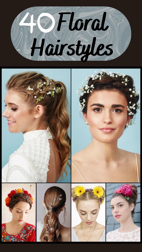 Flower Hairstyles How To Wear Flowers In Your Hair, Garden Party Hairstyles, Flower Headband Hairstyles, Hair Flower Braid, Floral Hairstyles, Hair With Flowers, Dance Competition Hair, 40 Hairstyles, Tail Hairstyle