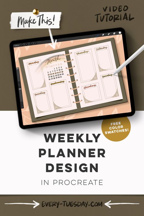 Weekly Planner Design in Procreate - Every-Tuesday Make A Color Palette, Weekly Planner Design, Calendar Stamps, Digital Weekly Planner, Journal Organization, Procreate Brushes Free, Procreate Lettering, Free Calendar, Free Planner