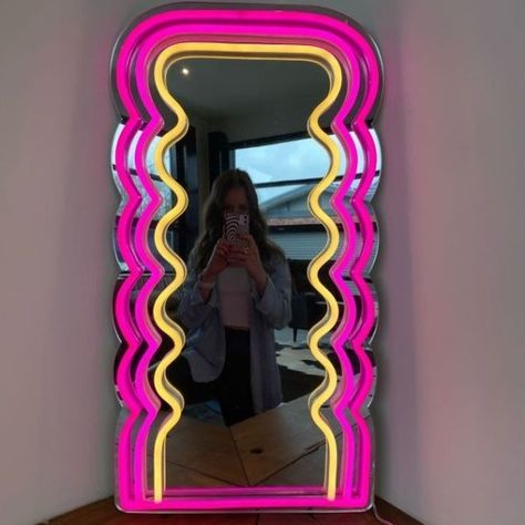 Nikkis_NeonArt on Instagram: "Confident and lovely people live happily🤗 Be brave to try different things and get to meet new friends🥰🥰 #mirror #mirrorselfie #neon…" Glowing Mirror, 80s Room Aesthetic Neon, 80s Room Aesthetic, Neon Mirror, 70s Room, Y2k Decor, 80s Room, Wavy Mirror, Neon Flex