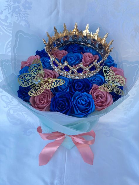 Beautiful handmade satin rose bouquet. Great for anniversaries, birthdays, holidays, weddings, graduations or simply to show someone you're thinking of them. This bouquet has an option to add a beautiful and elegant gold royal blue crown. This item can be made to order with different colors and customized writing on the wrapping. Rose stems are made of wood so can be cut down and used as home decor or even center pieces for events.  Dimensions are shown in the picture sa. Please don't hesitate t Flower Ribbon Bouquet, Satin Rose Bouquet, Ribbon Rose Bouquet, Royal Blue Crown, Forever Flower Bouquets, Ribbon Rose Bouquets, Roses Bouquet Gift, Bouquet Ribbon, Bouquet Birthday