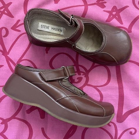 Vintage 90’s Steve Madden “Awesome” Maryjane... - Depop Slide Shoes, Wedge Mules, Women's Mules, Womens Mules, Slides Shoes, Shoes Leather, Platform Wedge, Platform Wedges, Mule