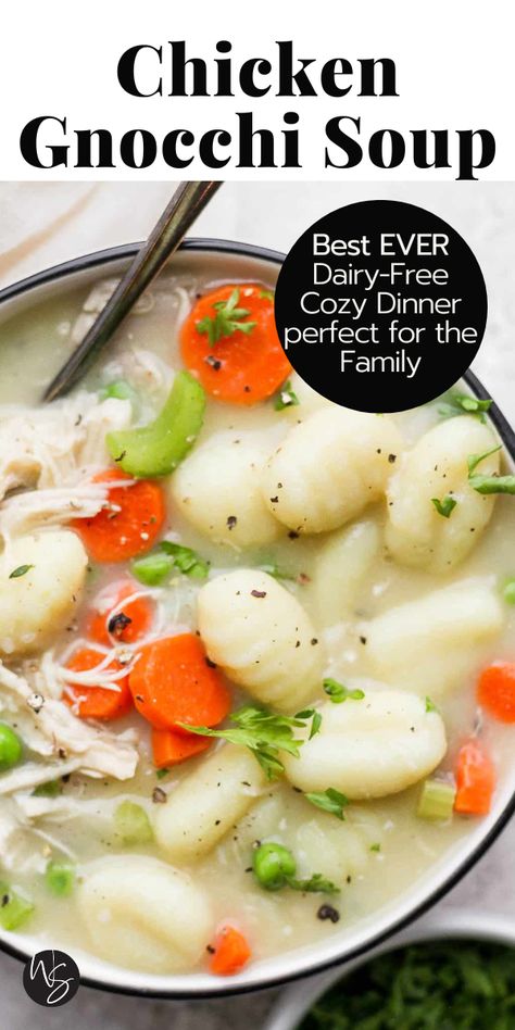 Chicken Gnocchi Soup Crockpot, Creamy Chicken Gnocchi, Chicken Broth Soup, Chicken Gnocchi Soup Recipe, Chicken Gnocchi Soup Olive Garden, Dairy Free Pasta, Dairy Free Soup, Baked Gnocchi, Gnocchi Recipe