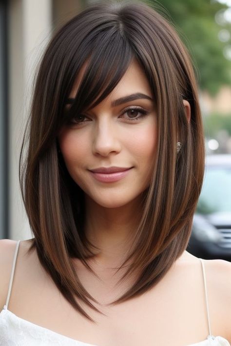 Longer Bob With Bangs, A Line With Bangs, A Line Haircut With Bangs, 2024 Women Haircuts, Long Bob Layered Haircut, Long Inverted Bob With Bangs, Long Bob Con Flequillo, Low Maintenance Haircut Straight Hair, Medium Angled Bob Hairstyles