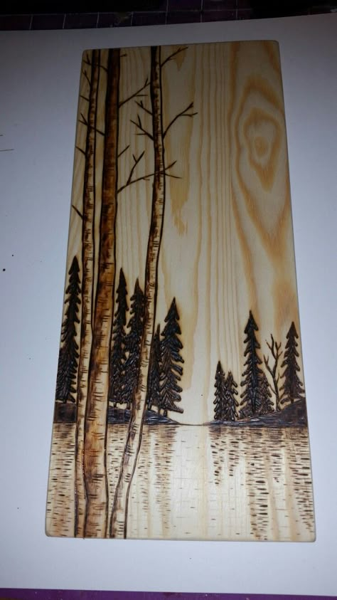 Woodburning Landscapes, Door Stencil, Coffee Art Painting, Dragon Tattoo Ideas, Beginner Wood Burning, Wooden Crafts Diy, Wood Burning Patterns Stencil, Cabin Wall Art, Pine Tree Art