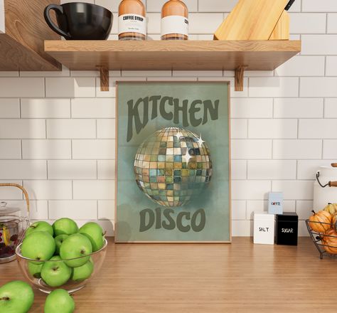 ✨ Turn your kitchen into a dance floor! This retro disco ball print brings the party vibes straight to your home. Perfect for those who love a little boogie while they cook! 🎉🍳 #KitchenDisco #RetroVibes #DanceParty #KitchenDecor #kitchenWallArt Aesthetic Disco Ball, Disco Ball Poster, Kitchen Disco, Disco Print, Retro Disco, Wall Art Retro, Kitchen Posters, Trendy Kitchen, Kitchen Prints