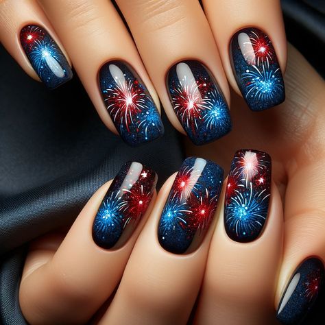 14 Patriotic 4th Of July Nails Ideas To Try This Summer – Sober Alley Red White Blue Firework Nails, Black Fourth Of July Nails, Fire Work Nails Design 4th Of July, Fourth Of July Nails Designs Fireworks, Black Patriotic Nails, Fire Works Nail Designs, Firecracker Nails 4th Of July, Forth Of July Nails Fireworks, 4th Of July Ombre Nail Designs