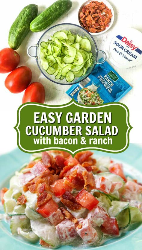 Cucumbers Salad, Creamy Cucumber Tomato Salad, Salad With Ranch, Tomatoes And Cucumbers, Creamy Cucumber Salad, Creamy Cucumbers, Cucumber Tomato Salad, Bacon Salad, Bacon Tomato